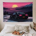 QEOPGNE Anime Sunset Japanese S13 Jdm Car Tapestry Flag Wall Art Wall Hanging Decor for Bedroom Living Room Wall Decor for Men and Women 40"x60"