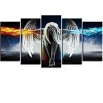 Fire and Ice Water Angel Wall Art for Living Room, SZ 5 Panel Abstract Anime Oil Painting Canvas Prints of Beautiful Wing Girl Picture (Bracket Mounted, Waterproof Decor, Large Artwork, 60x32 overall)