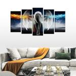 Fire and Ice Water Angel Wall Art for Living Room, SZ 5 Panel Abstract Anime Oil Painting Canvas Prints of Beautiful Wing Girl Picture (Bracket Mounted, Waterproof Decor, Large Artwork, 60x32 overall)