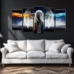 Fire and Ice Water Angel Wall Art for Living Room, SZ 5 Panel Abstract Anime Oil Painting Canvas Prints of Beautiful Wing Girl Picture (Bracket Mounted, Waterproof Decor, Large Artwork, 60x32 overall)