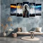 Fire and Ice Water Angel Wall Art for Living Room, SZ 5 Panel Abstract Anime Oil Painting Canvas Prints of Beautiful Wing Girl Picture (Bracket Mounted, Waterproof Decor, Large Artwork, 60x32 overall)