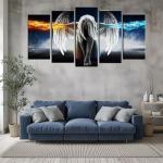 Fire and Ice Water Angel Wall Art for Living Room, SZ 5 Panel Abstract Anime Oil Painting Canvas Prints of Beautiful Wing Girl Picture (Bracket Mounted, Waterproof Decor, Large Artwork, 60x32 overall)