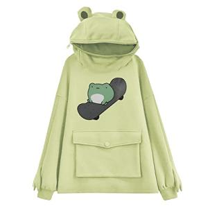 RGOSME Womens Cute Frog Hoodies Unisex Frog Hoodie Zipper Mouth Cosplay Costume Pullover Sweatshirt with Pocket (Light Green M)