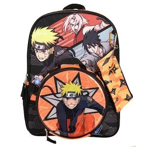 Bioworld Naruto Anime Character Print Orange and Black 5-Piece Backpack Set For Boys