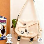 Inshere Aesthetic Crossbody Bag with Cute Pins and Ornament, Casual Shoulder Messenger Bag Japanese Kawaii Bag for Women Men (White)