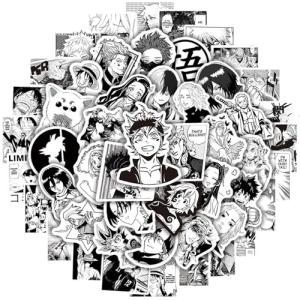 Kids Anime Stickers Mixed Pack, 100pcs Black and White Cartoon Characters Decals Movie Decorative Sticker for Kids Teens Waterproof Stickers for Water Bottle Laptop Luggage Helmet Skateboard Guitar