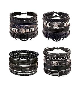 Men's Black Skull Leather Bracelet Set - 16 Pieces