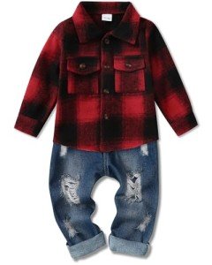 WESIDOM Toddler Boy Plaid Shirt & Denim Pants Set