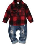 WESIDOM Toddler Boy Plaid Shirt & Denim Pants Set