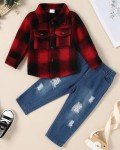 WESIDOM Toddler Boy Plaid Shirt & Denim Pants Set