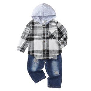 Toddler Boys’ Plaid Hoodie and Jeans Set
