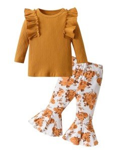 Toddler Girls Ruffle Shirt and Floral Pants Set