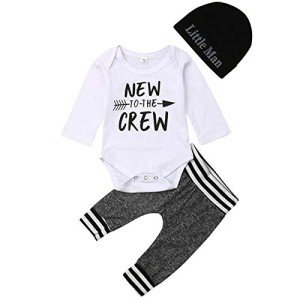 Baby Boy Crew Print Romper, Pants, and Hat Set