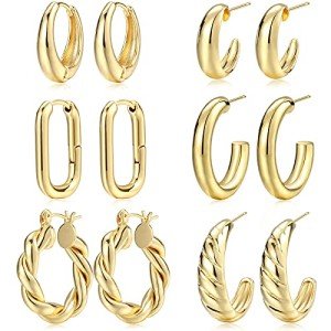 6 Pairs of Gold Hoop Earrings for Women