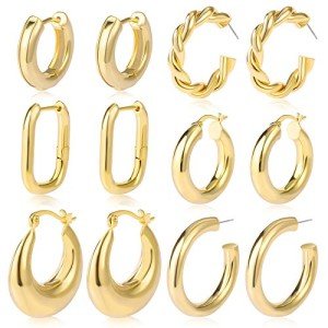 6 Pairs Thick Gold Hoop Earrings Set for Women