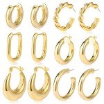 6 Pairs Thick Gold Hoop Earrings Set for Women