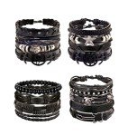 Men's Black Skull Leather Bracelet Set - 16 Pieces