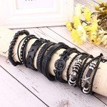 Men's Black Skull Leather Bracelet Set - 16 Pieces