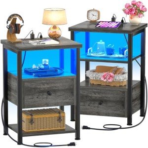 Set of 2 Wood Nightstands with USB Charging