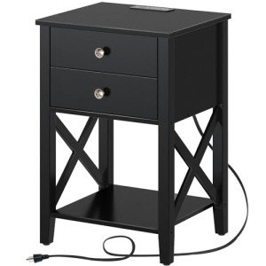 Black Nightstand with Charging Station and Storage