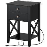 Black Nightstand with Charging Station and Storage