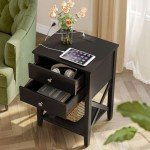 Black Nightstand with Charging Station and Storage