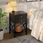 Black Nightstand with Charging Station and Storage