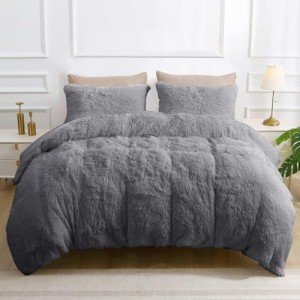 Plush Grey Shaggy Queen Duvet Cover Set