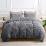 Plush Grey Shaggy Queen Duvet Cover Set