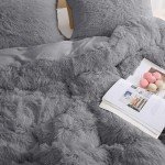 Plush Grey Shaggy Queen Duvet Cover Set