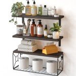 Natural Wood Floating Shelves with Wire Baskets - Set of 3
