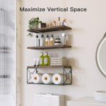 Natural Wood Floating Shelves with Wire Baskets - Set of 3