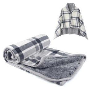 Plaid Fleece Blanket Poncho - Gray/White