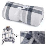 Plaid Fleece Blanket Poncho - Gray/White