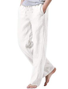 iWoo Men's White Linen Beach Pants with Elastic Waist