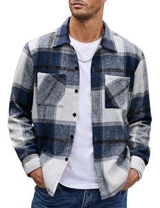 Men's Navy Blue Flannel Plaid Shirt Jacket