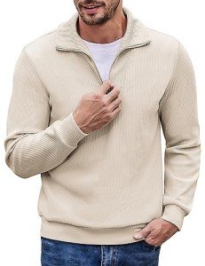 COOFANDY Men's Beige Quarter Long Sleeve Polo Pullover