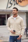COOFANDY Men's Beige Quarter Long Sleeve Polo Pullover