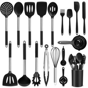 Silicone Cooking Utensil Set with Stainless Steel Handles