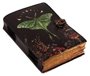 Blank Spell Book of Shadows Journal with Lock Clasp Vintage Handmade Leather Luna Moths and Morpho Butterfly Print Diary Prayer Pagan Witchcraft Supplies Wiccan Decor Notebook Daily (7X5 inch)