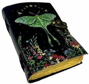Hindoro Spell Book of Shadows Journal with Lock Clasp Vintage Handmade Leather Luna Moths and Morpho Butterfly Print Diary Prayer Pagan Witchcraft Supplies Wiccan Decor Notebook Daily (7X5 inch)