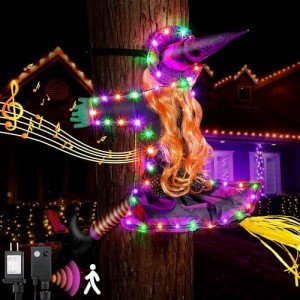 Meonum Crashing Witch into Tree Halloween Decorations with Music Sync Spooky Sounds, Large Crashed Witch Sewed with Lights for Outdoor Porch Garden Patio Halloween Party Decor (Orange Green Purple)