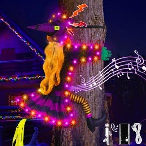 Totexil Crashing Witch into Tree Halloween Decorations, 49" Crashed Witch with LED Lights and Music Sync Spooky Sounds, Funny Purple Orange Halloween Witch Ornaments Decor for Outside Tree Door Party