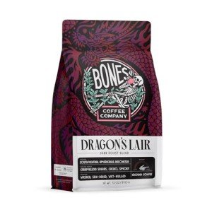 Bones Coffee Company Dragon's Lair Ground Coffee Beans, Low Acid Flavored Coffee, Made with Arabica Coffee Beans, Dark Roast Gourmet Coffee, Coffee Lover Gift Ideas (12 oz)