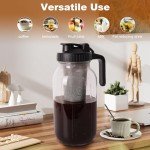 QHH Cold Brew Coffee Maker, 64 oz Wide Mouth Mason Jar Pitcher with Stainless Steel Filter, Pour Spout Handle Lid, Heavy Duty Glass Airtight & Leak-Proof Pitcher for iced coffee & Tea Lemonade