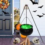 Halloween Decorations Outdoor Large Witch Cauldron, Black Plastic Bowl Decor on Tripod with Lights Halloween Cauldron Pot, Witches Cauldron Hocus Pocus Candy Bucket Decoration for Porch Home Party