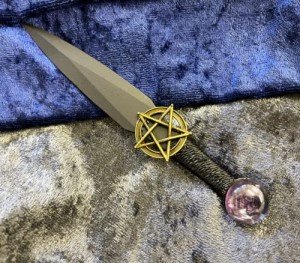Athame/Dagger - Small - Black/Bronze Pentacle Purple Glass Stone 6.5 Inches