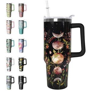 Rcvlauf 40 oz Tumbler with Handle and Straw Gothic Tumbler Leak Proof Insulated Cup 40 oz Gothic Flower Moon Coffee Travel Mug Witchy Decor Stuff Goth Gifts for Women