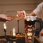 Rcvlauf 40 oz Tumbler with Handle and Straw Gothic Tumbler Leak Proof Insulated Cup 40 oz Gothic Flower Moon Coffee Travel Mug Witchy Decor Stuff Goth Gifts for Women