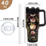 Rcvlauf 40 oz Tumbler with Handle and Straw Gothic Tumbler Leak Proof Insulated Cup 40 oz Gothic Flower Moon Coffee Travel Mug Witchy Decor Stuff Goth Gifts for Women